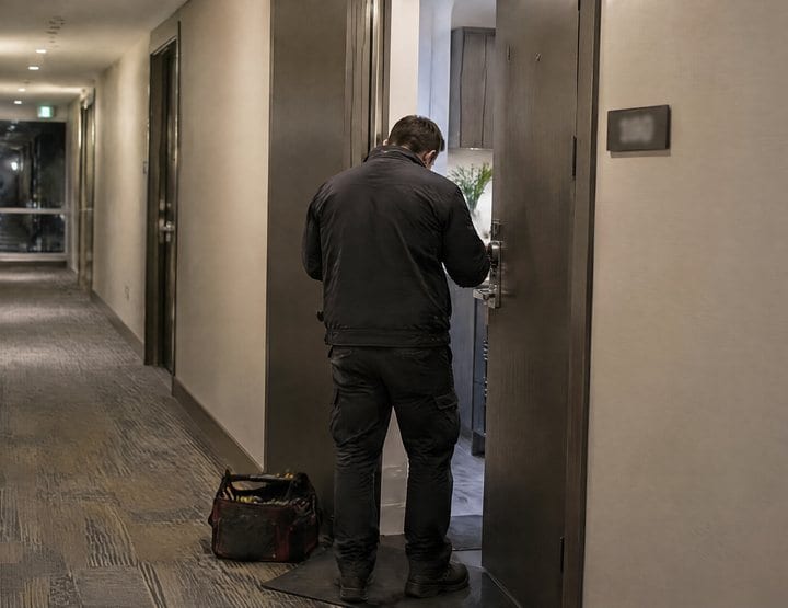 A technician at a condo hallway door