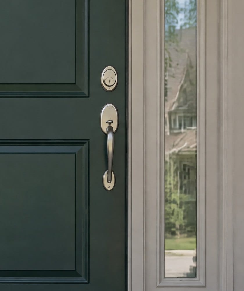 A green front door with a silver handleset