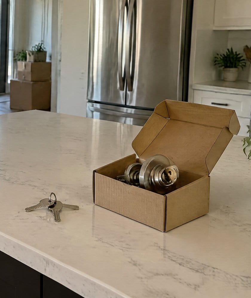 A boxed lock and keys on a kitchen counter