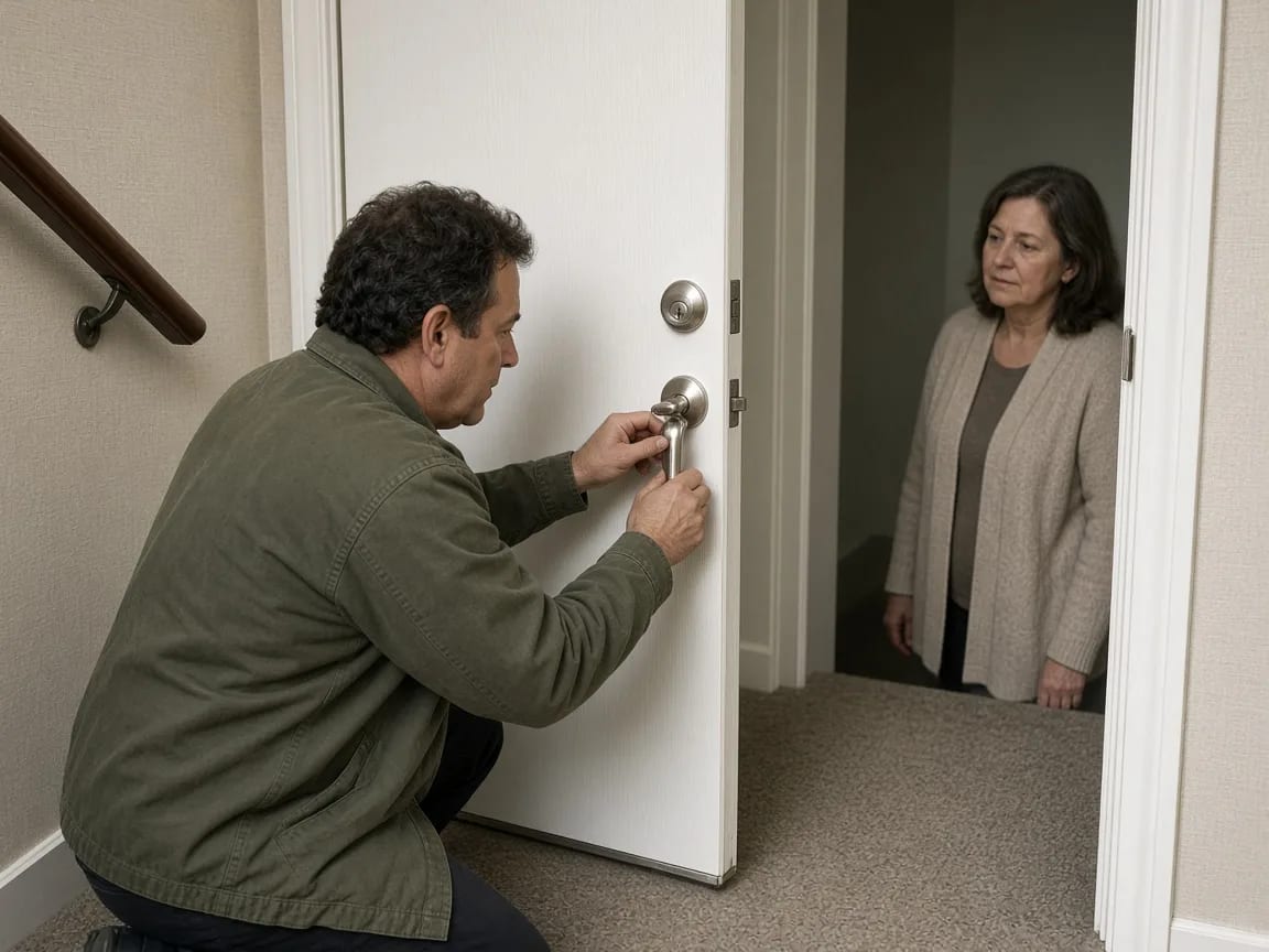 A locksmith working on an apartment door lock as the resident watches