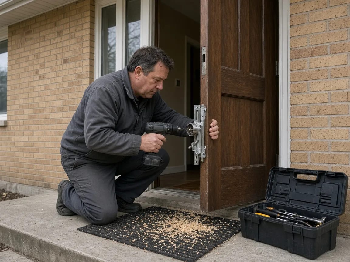 A locksmith drilling into a wooden front door, toolbox beside him