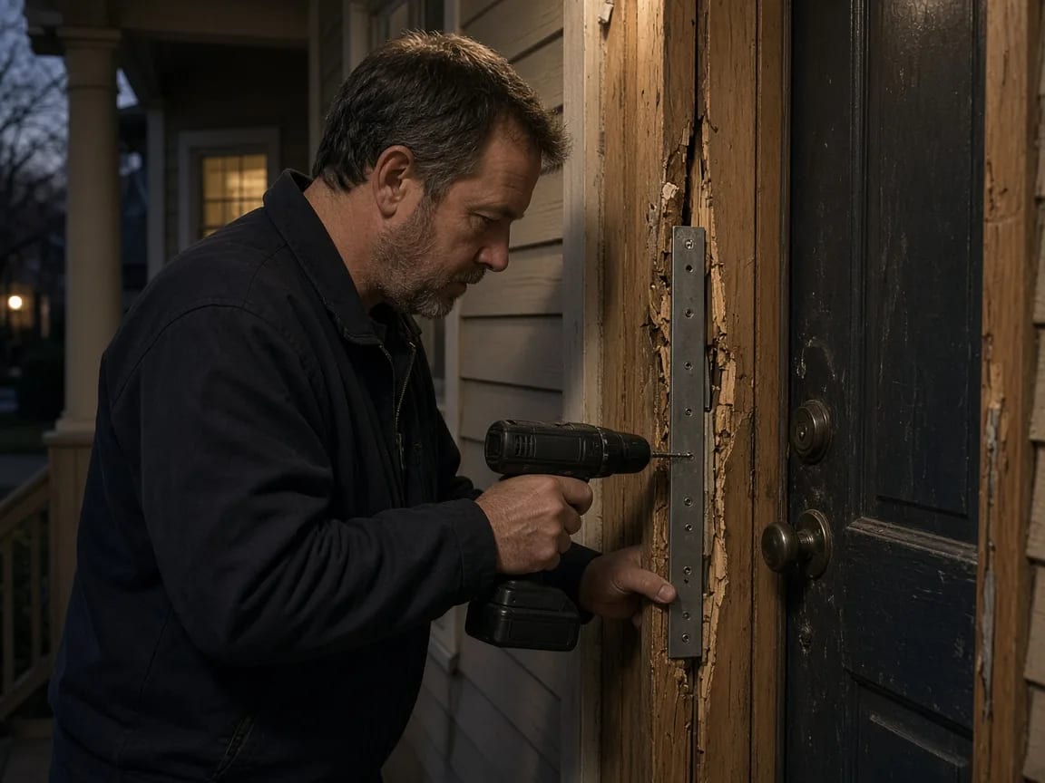 A locksmith fitting a steel strike plate to a split door frame after a break-in