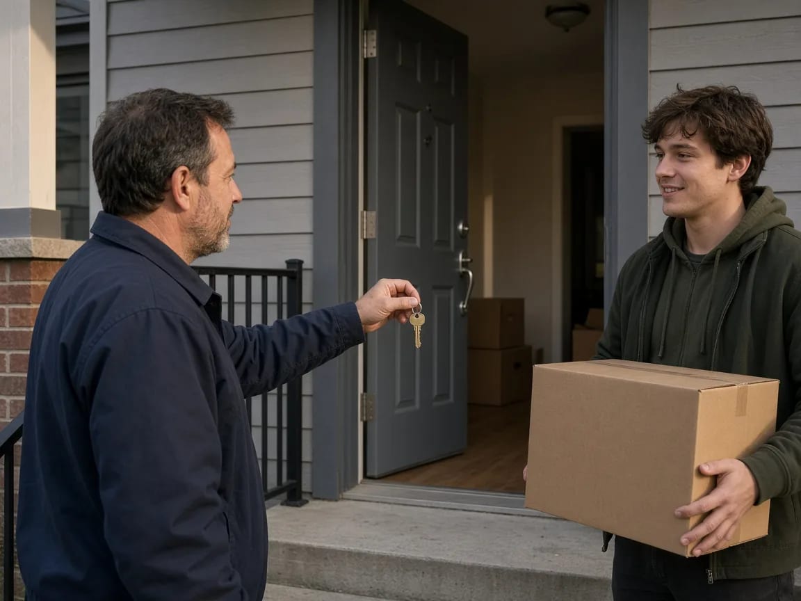 A locksmith handing new keys to a homeowner on moving day