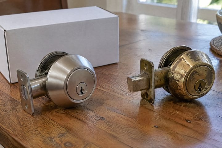 Two deadbolts and their box on a wooden table