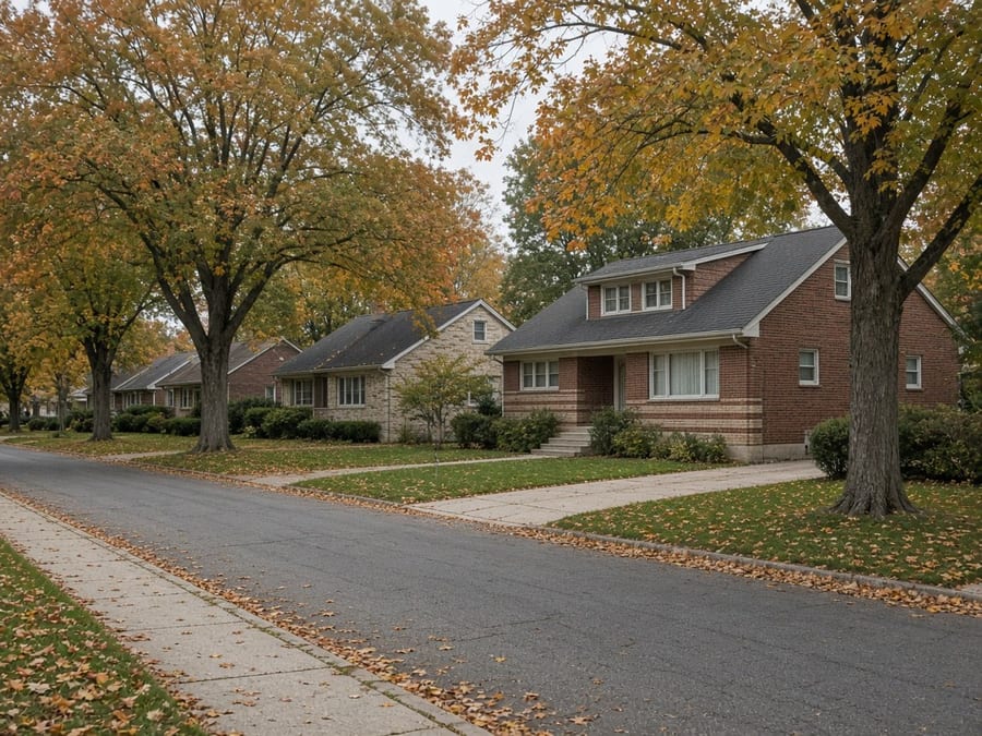 A brick bungalow under autumn trees