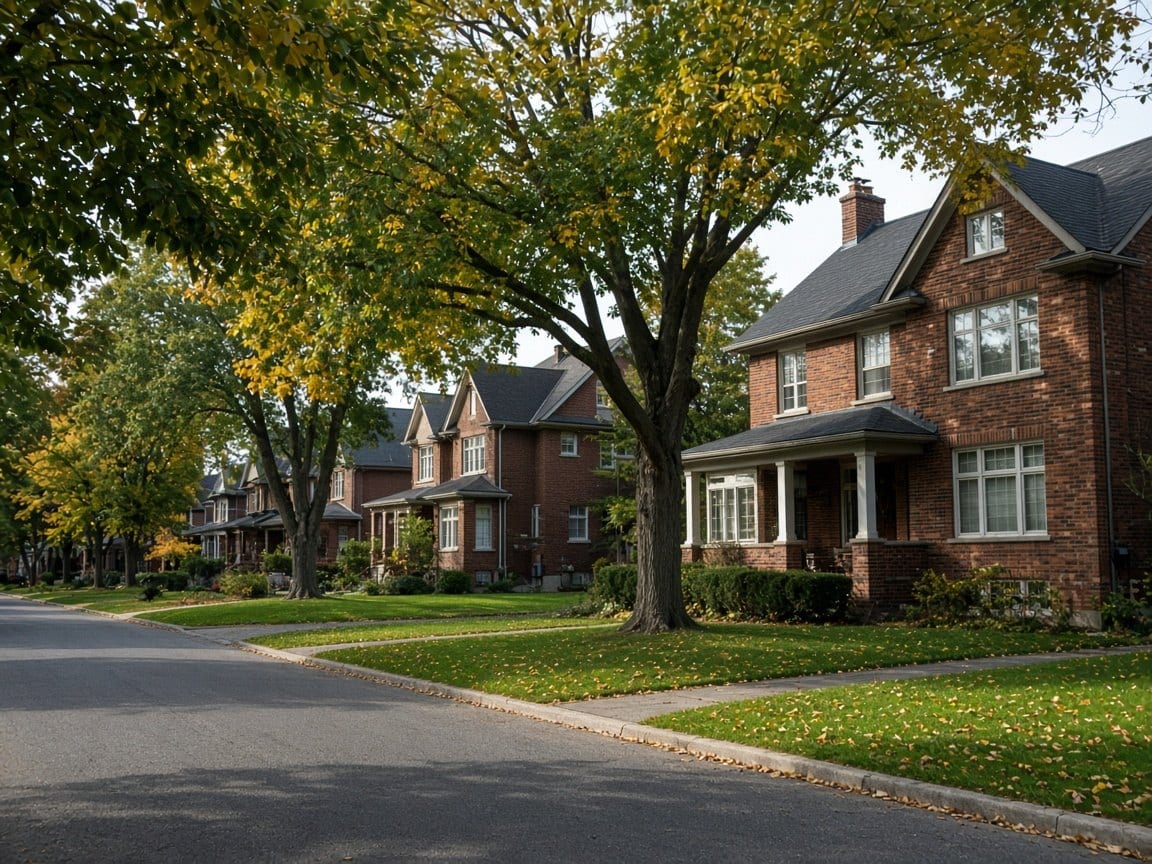 Brick houses along a tree-lined street