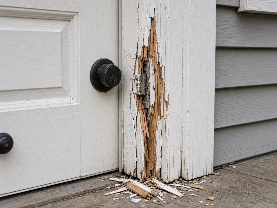 A split door frame and splinters after a break-in