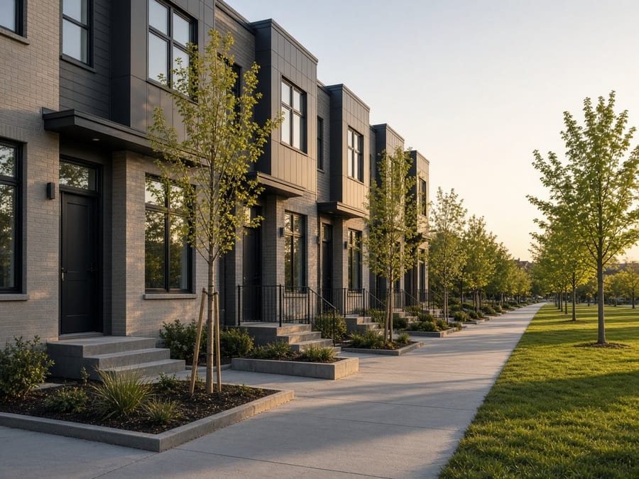 A row of modern townhouses along a sidewalk