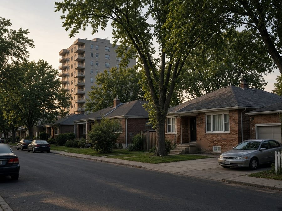 Brick bungalows with an apartment tower behind