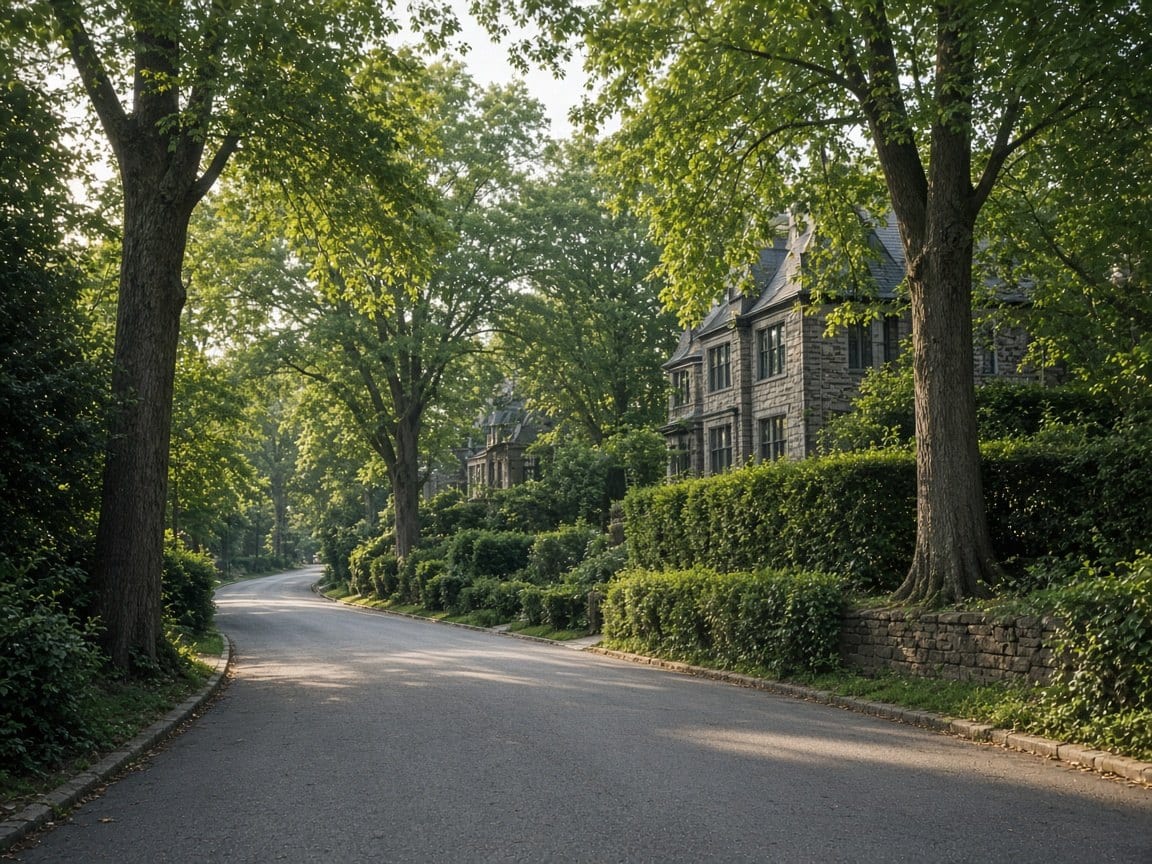 Houses behind hedges on a leafy, curving street